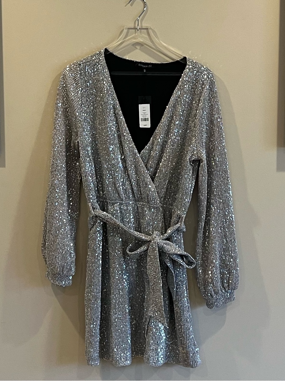 NWT Dynamite “Ruby” Silver Sequin Mini Robe Wrap Dress Size L